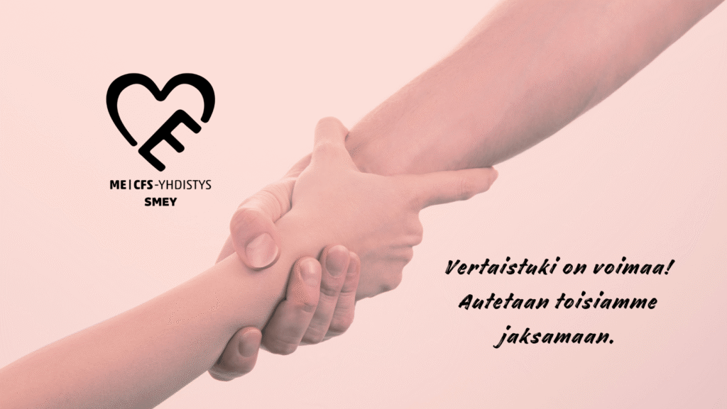 Kaksi käsivartta, jotka pitävät toisiaan ranteista sekä teksti Vertaistuki on voimaa! Autetaan toisiamme jaksamaan.