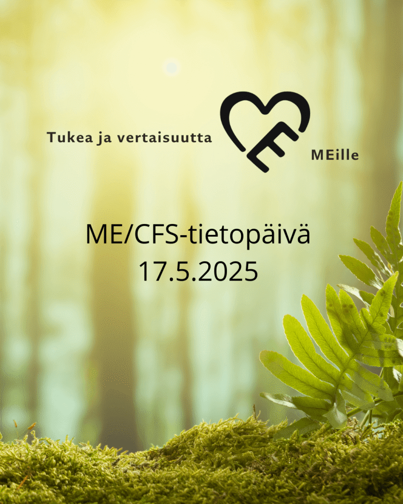 Tukea ja vertaisuutta MEille -hankkeen logo, ME/CFS-tietopäivä 17.5.2025, taustalla metsämaisema.