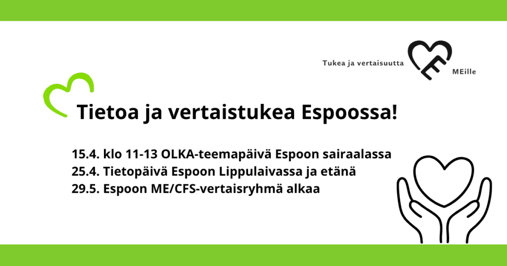 Mainos Espoon tapahtumista, missä on hankkeen logo sekä kädet jotka ojentaa sydämen.